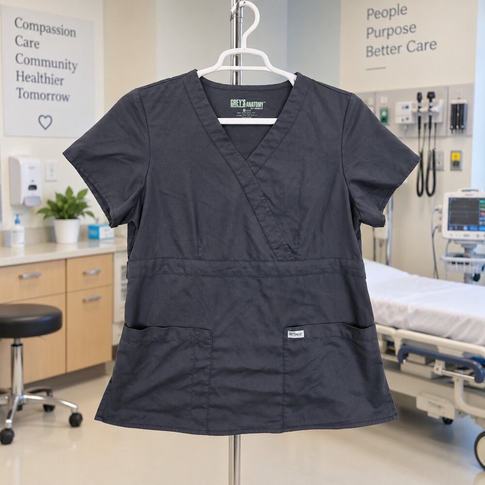 Grey's Anatomy by Barco Womens Grey Blue Large Medical Scrub Top Polyester Rayon